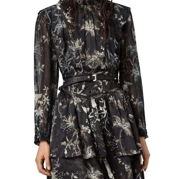 AllSaints Aislyn Evolution monochrome print ruffles moth skeleton mini dress 0 - Picture 10 of 12